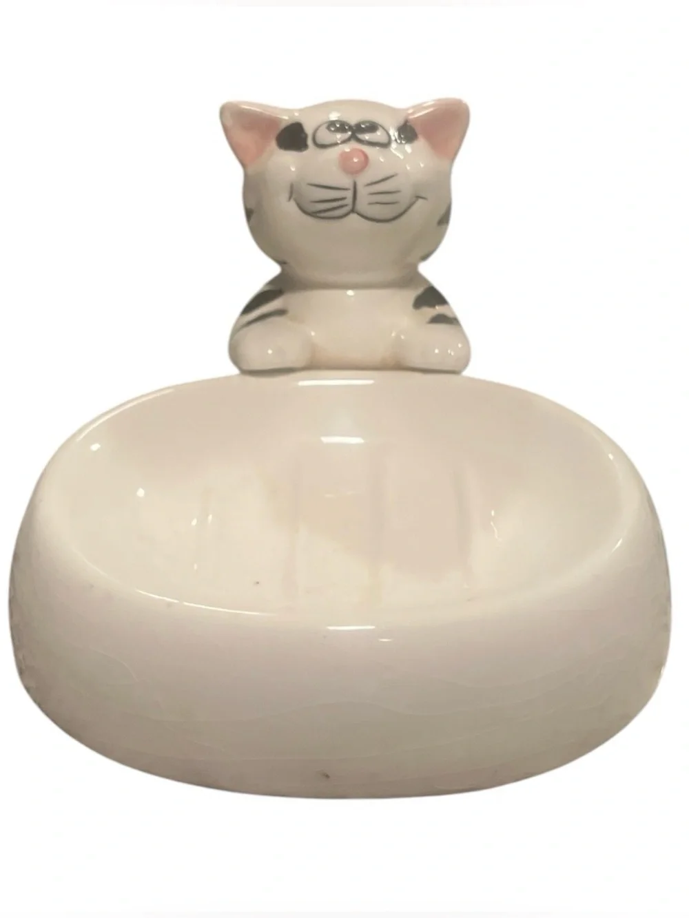Vintage Ceramic Cat Soap Dish Trinket Tray Ring Holder White Gray Tabby Striped